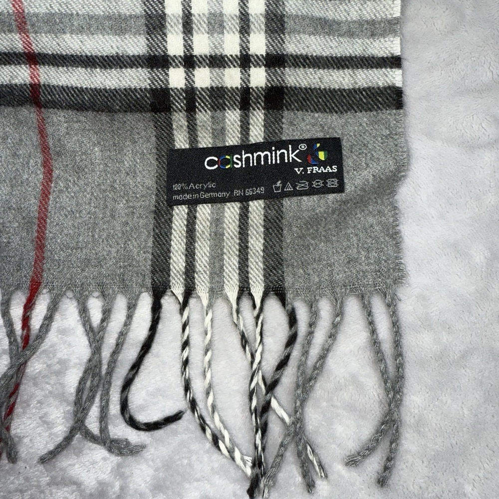Vintage Unisex V Fraas Gray Plaid Cashmink Winter Scarf Fringed 70 Inch - Picture 2 of 4